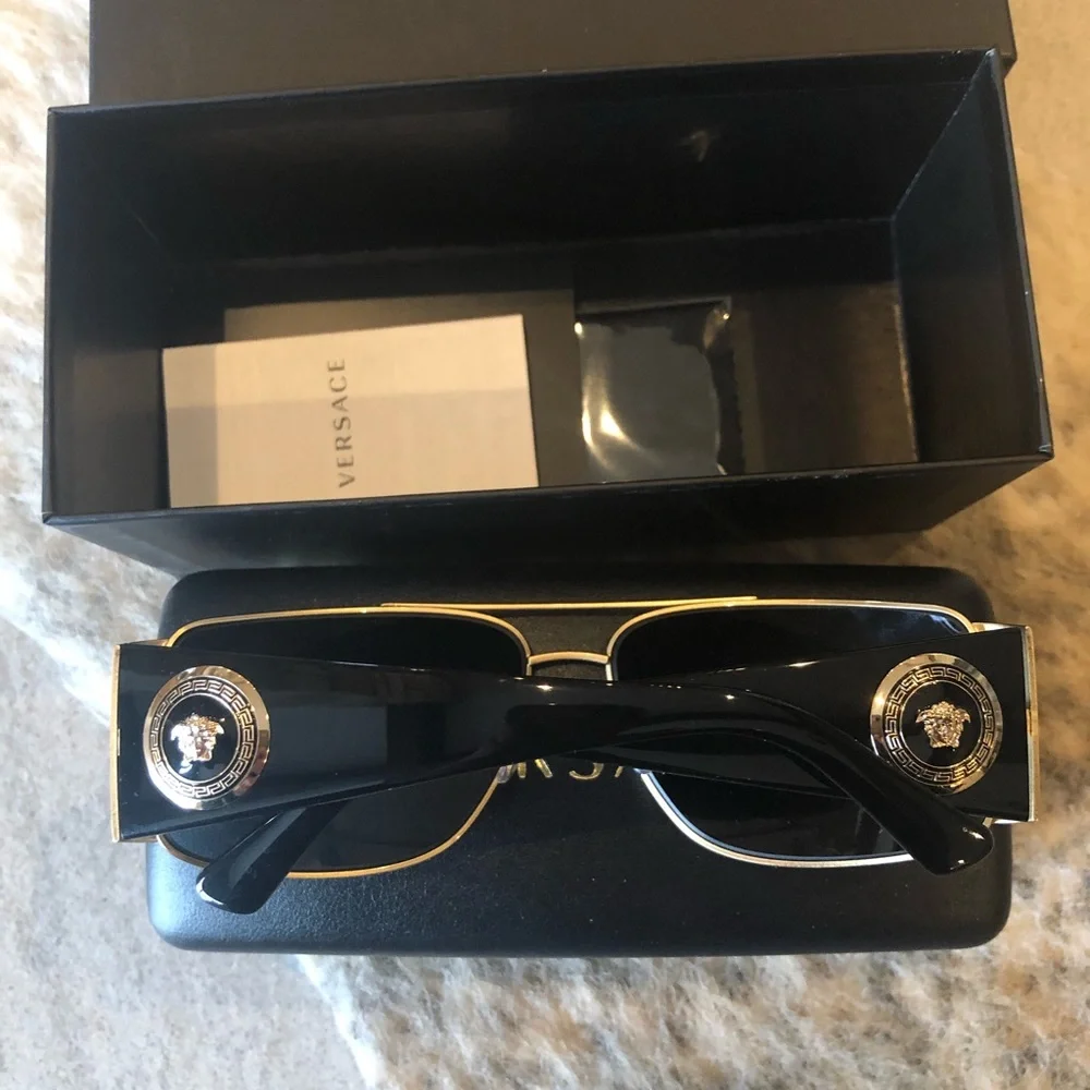 Men's Versace Polarized Black and Gold Sun…